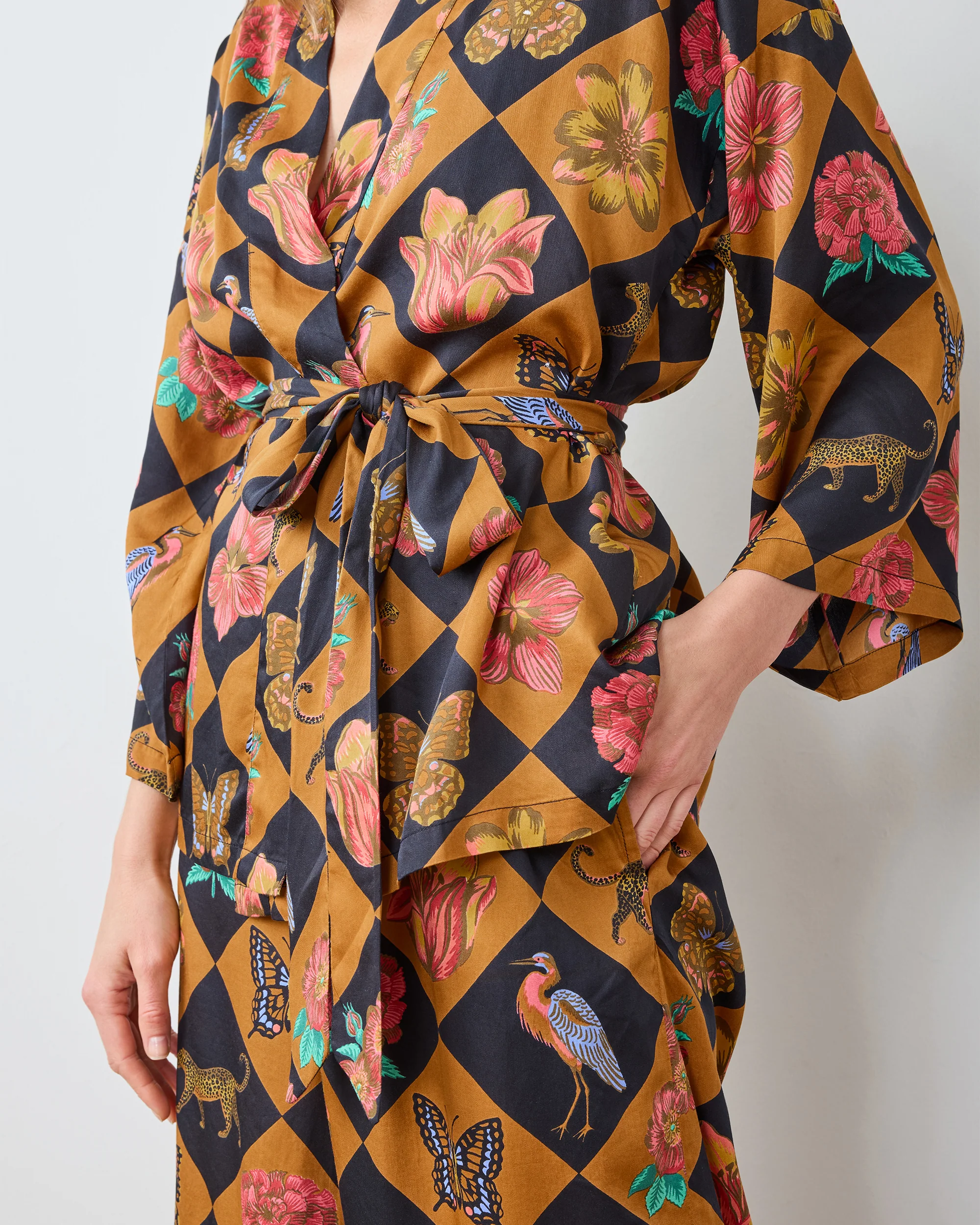 Botanical Checkerboard - Eco Satin Wrap PJ Set - Caramel - Image 4