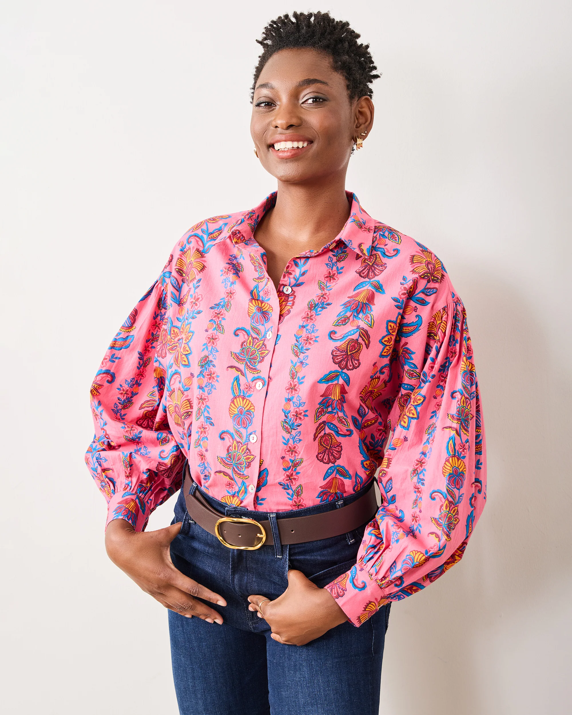 Folklore Flowers - Shelby Button Down - Bright Rose - Image 5