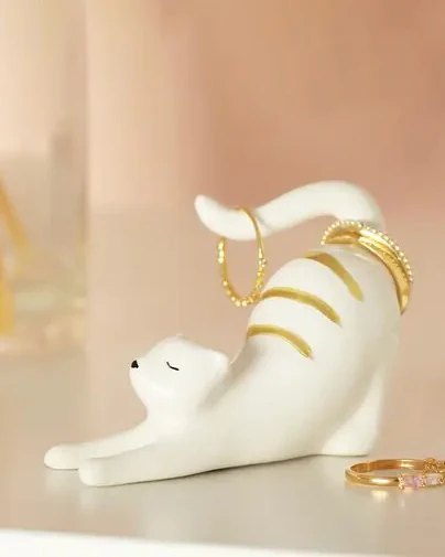 White Combo - Ceramic Stretching Cat Ring Holder - Lisa Angel - Image 2